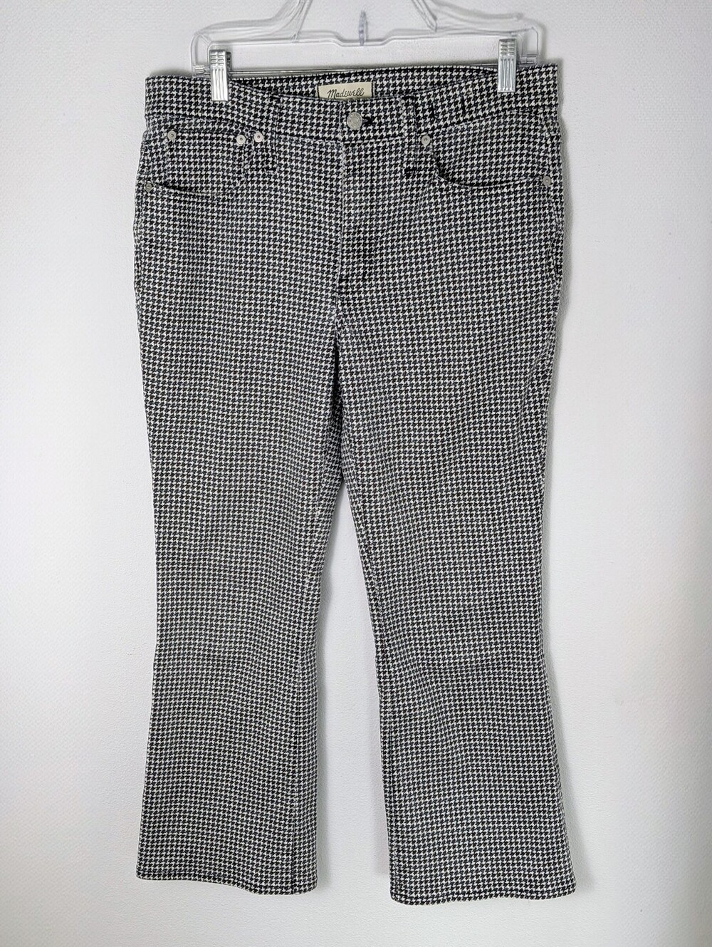 Madewell Women's Mid Rise Kick Out cropped Jeans Houndstooth black White Sz 30"
